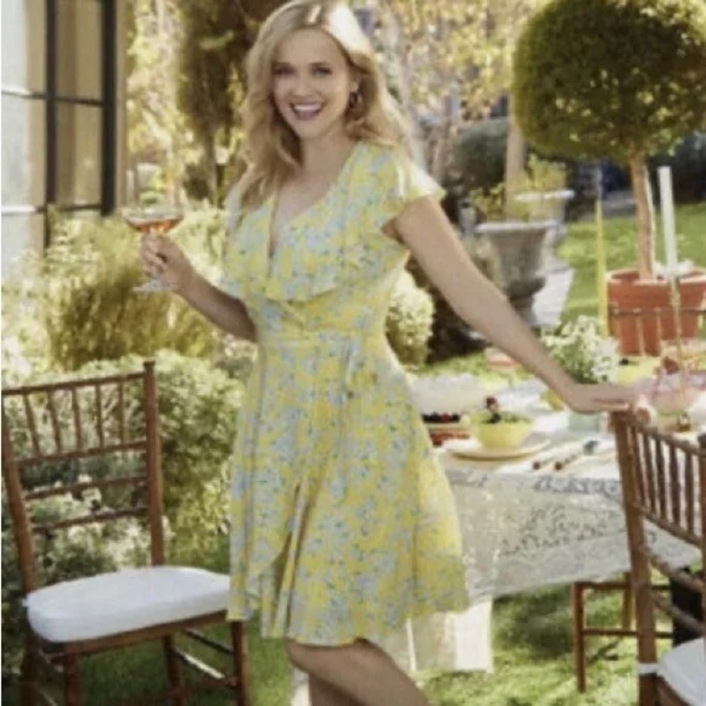 Draper James RSVP Yellow Floral Wrap Dress S Garden‎ Party Spring